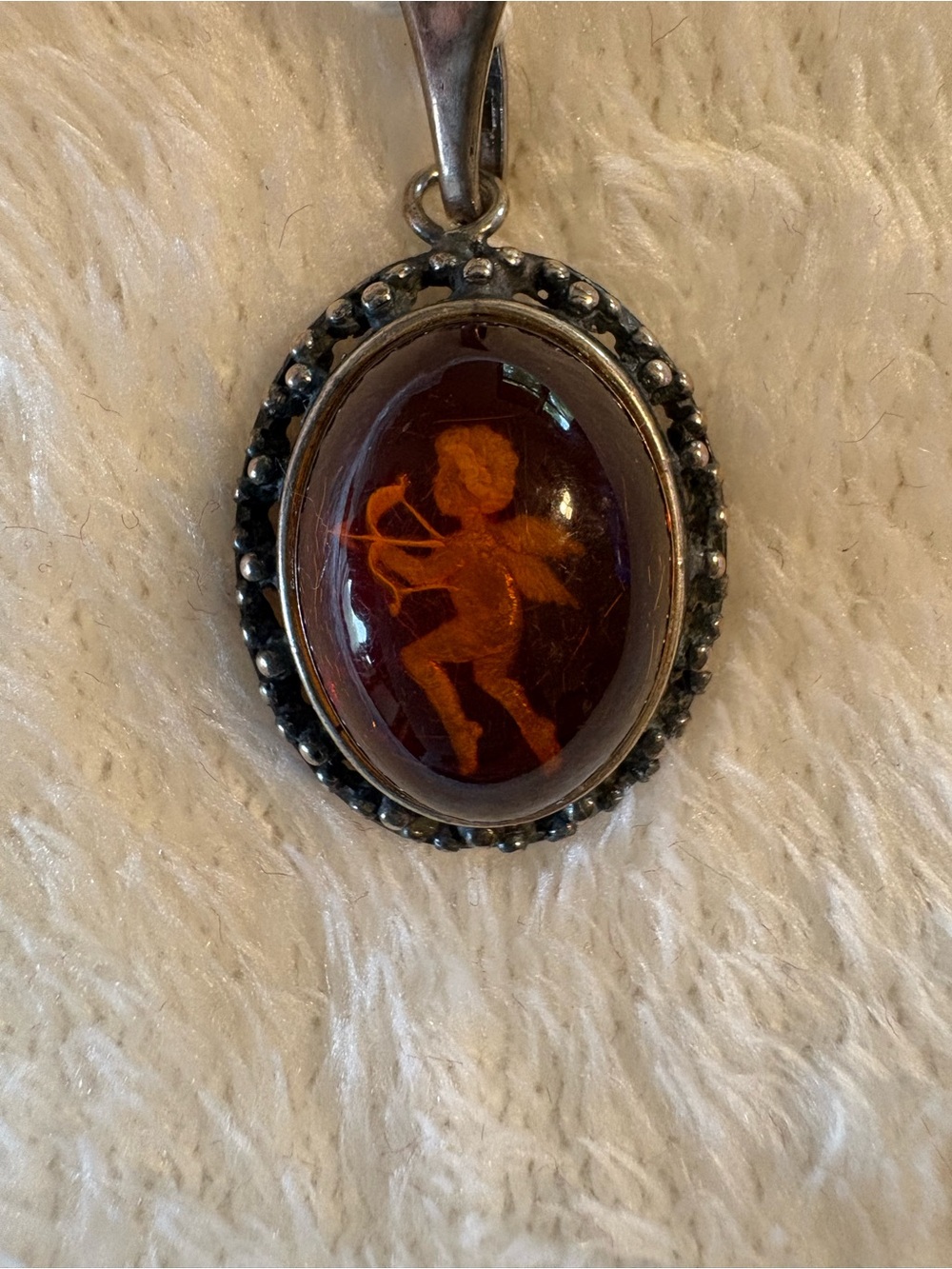 Amber Cupid Pendant Necklace - Orange Oval Cameo Sterling from Poland
